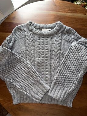 Lush Light Gray Cable Knit Crewneck Sweater